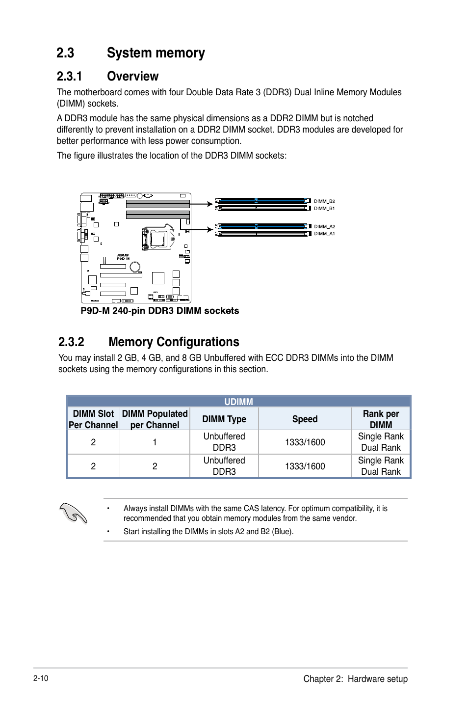 3 system memory, 1 overview, 2 memory configurations | System memory -10 2.3.1, Overview -10, Memory configurations -10 | Asus RS100-E8-PI2 User Manual | Page 28 / 158