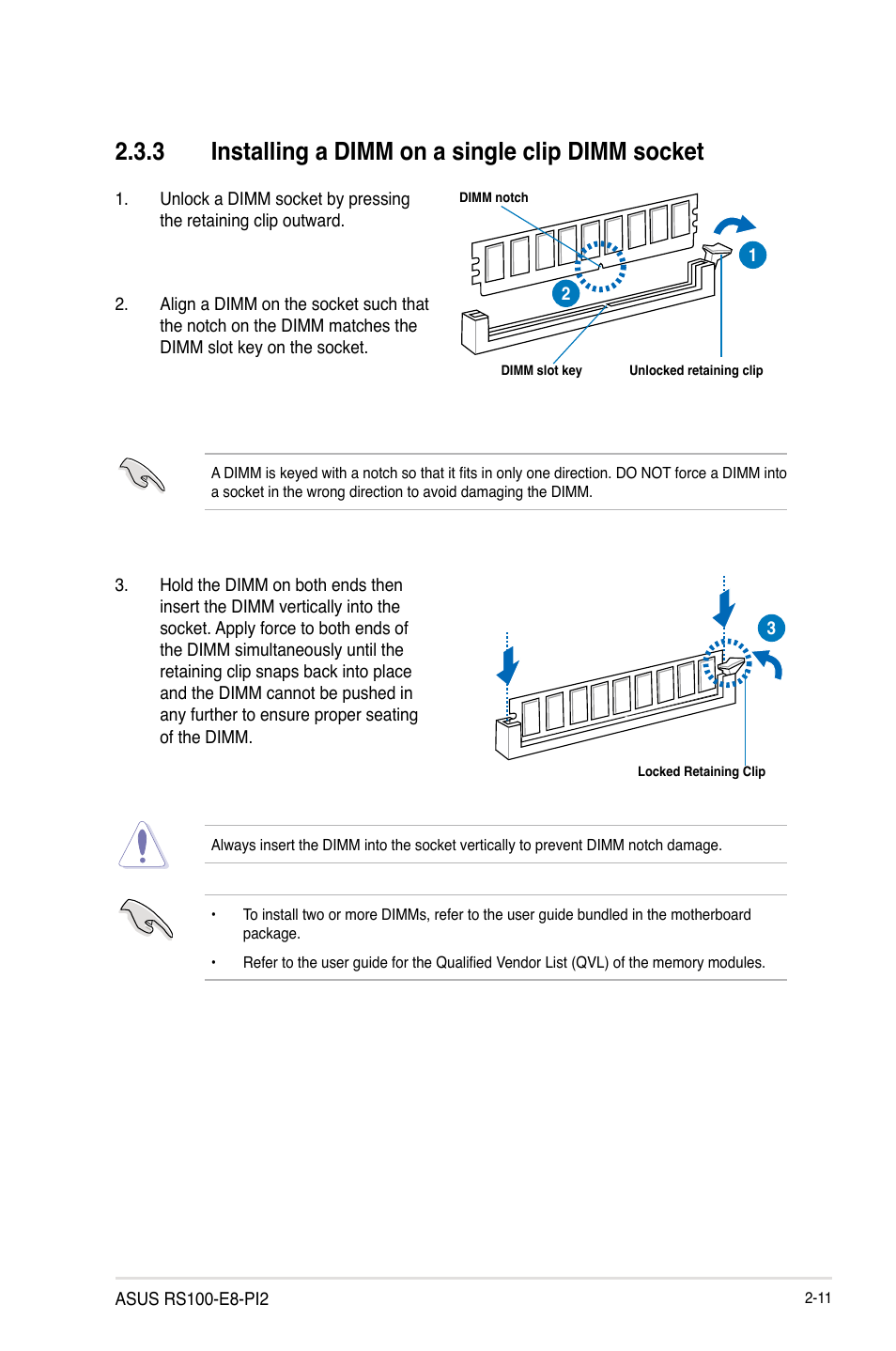 3 installing a dimm on a single clip dimm socket, Installing a dimm on a single clip dimm socket -11 | Asus RS100-E8-PI2 User Manual | Page 29 / 158