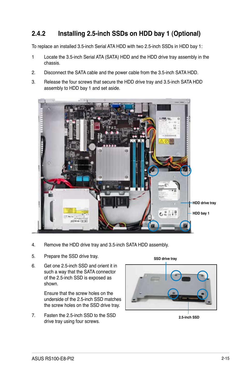 2 installing 2.5-inch ssds on hdd bay 1 (optional) | Asus RS100-E8-PI2 User Manual | Page 33 / 158