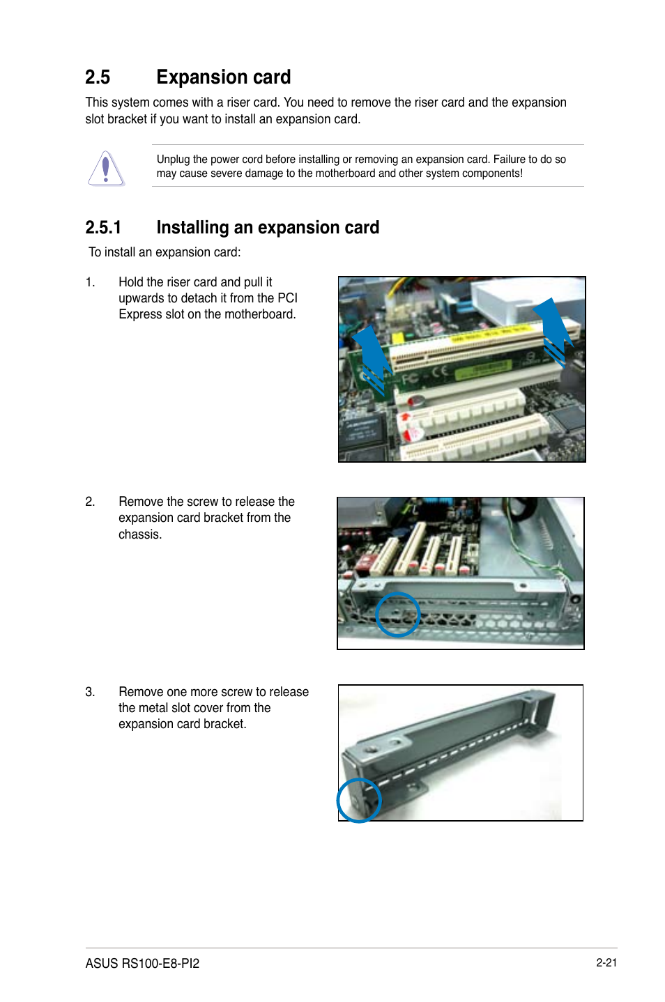 5 expansion card, 1 installing an expansion card, Expansion card -21 2.5.1 | Installing an expansion card -21 | Asus RS100-E8-PI2 User Manual | Page 39 / 158