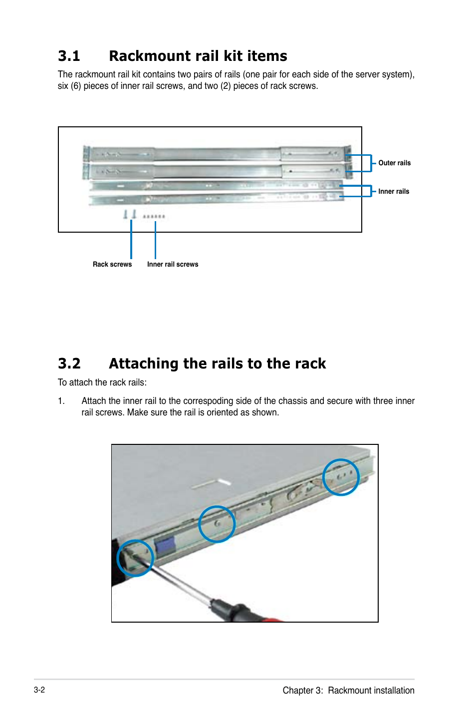 1 rackmount rail kit items, 2 attaching the rails to the rack, Rackmount rail kit items -2 | Attaching the rails to the rack -2 | Asus RS100-E8-PI2 User Manual | Page 48 / 158
