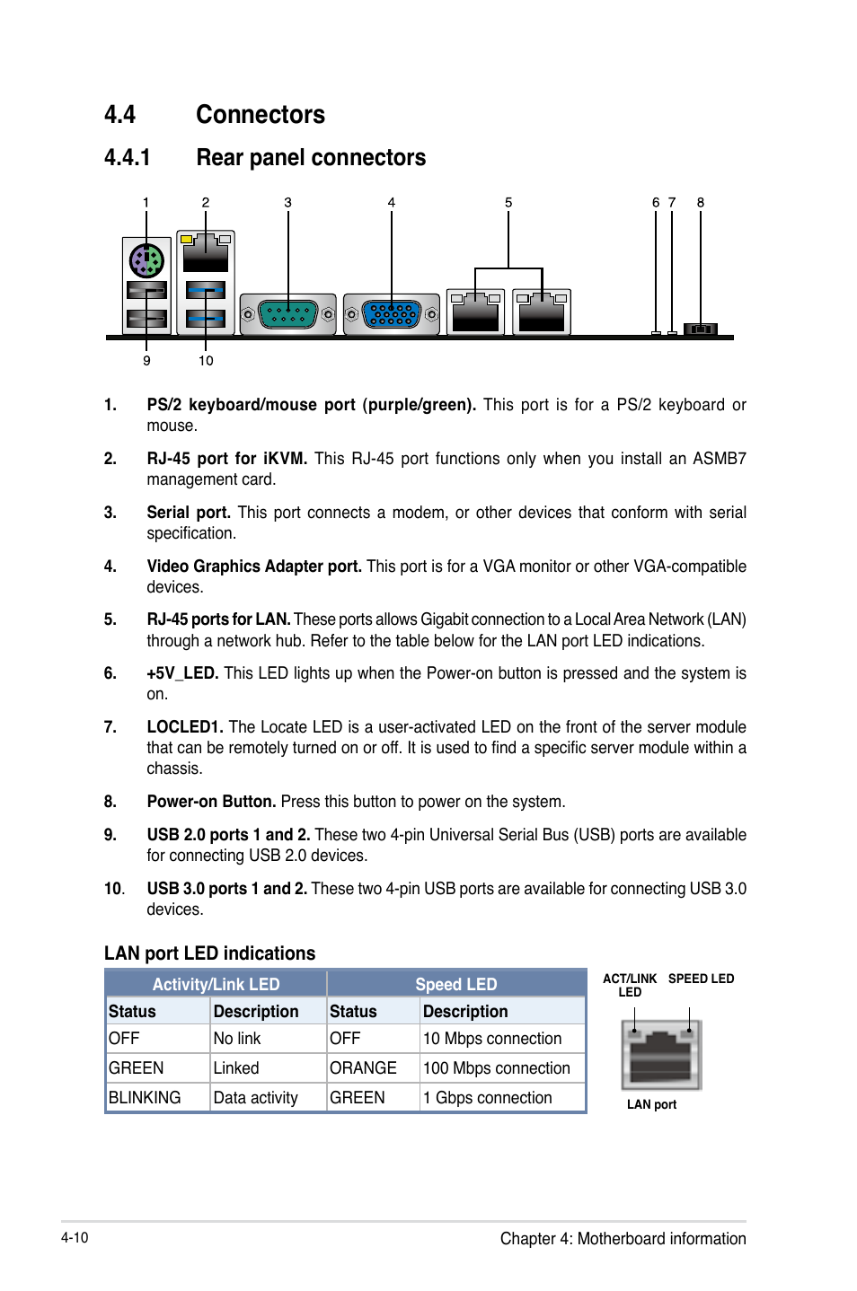 4 connectors, 1 rear panel connectors, Connectors -10 4.4.1 | Rear panel connectors -10 | Asus RS100-E8-PI2 User Manual | Page 62 / 158