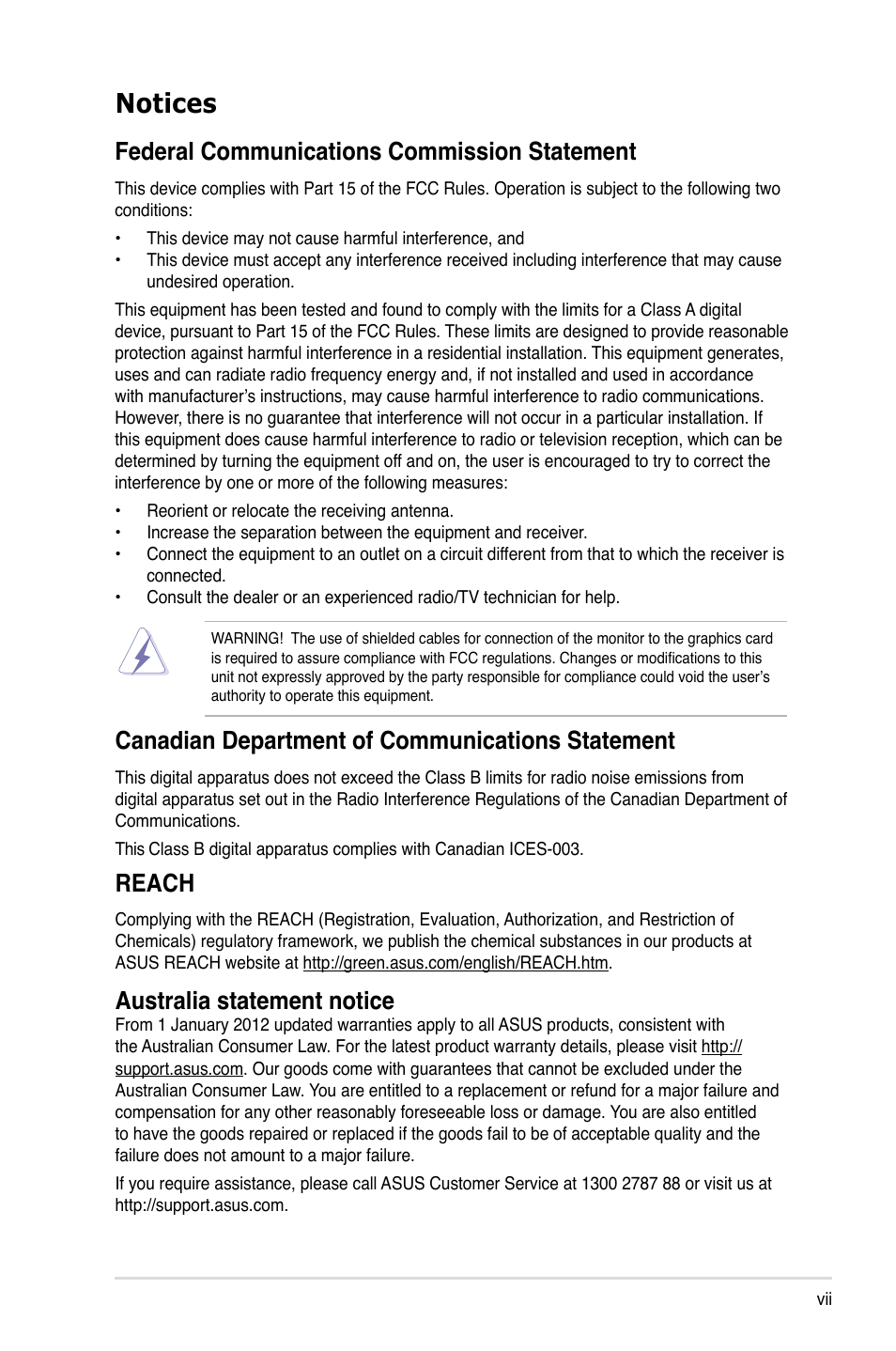 Notices, Federal communications commission statement, Canadian department of communications statement | Reach, Australia statement notice | Asus RS100-E8-PI2 User Manual | Page 7 / 158