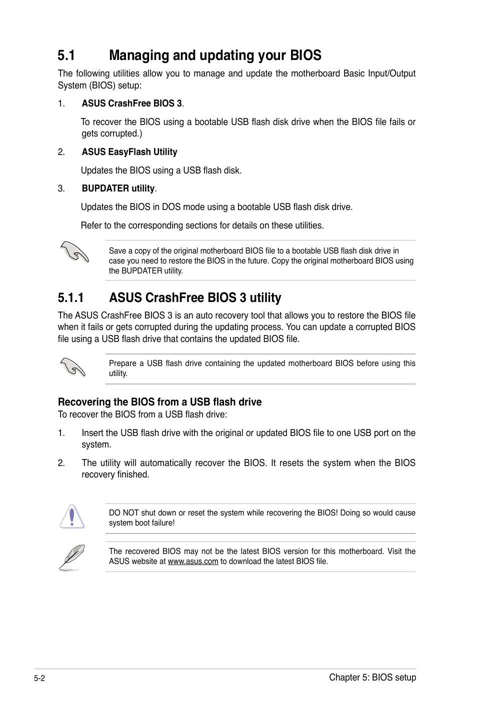 1 managing and updating your bios, 1 asus crashfree bios 3 utility, Managing and updating your bios -2 5.1.1 | Asus crashfree bios 3 utility -2 | Asus RS100-E8-PI2 User Manual | Page 72 / 158