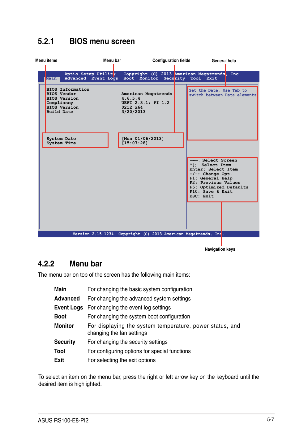 1 bios menu screen, 2 menu bar, Bios menu screen -7 | Menu bar -7 | Asus RS100-E8-PI2 User Manual | Page 77 / 158