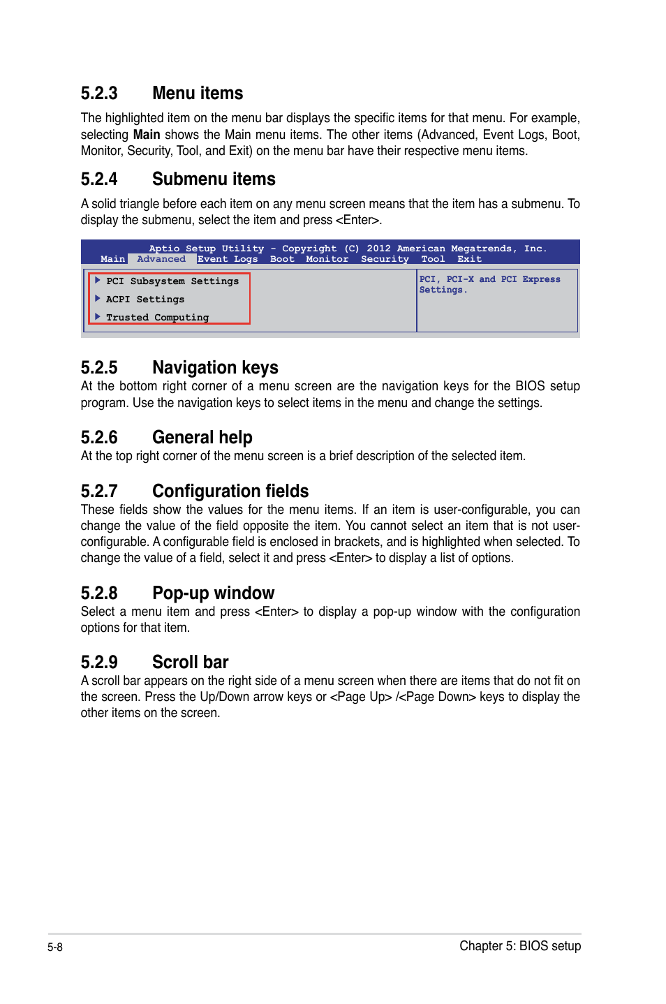 3 menu items, 4 submenu items, 5 navigation keys | 6 general help, 7 configuration fields, 8 pop-up window, 9 scroll bar, Menu items -8, Submenu items -8, Navigation keys -8 | Asus RS100-E8-PI2 User Manual | Page 78 / 158