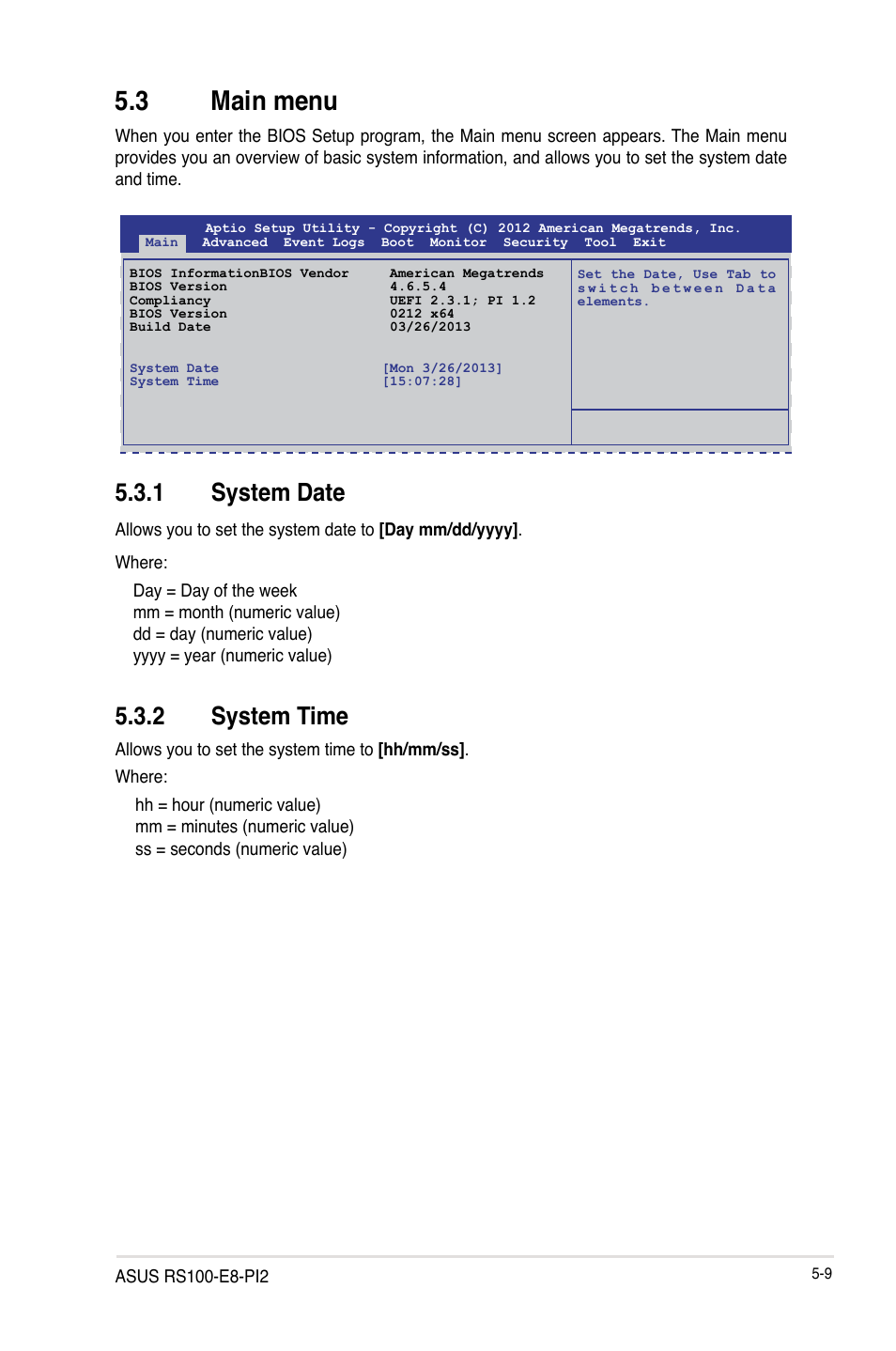 3 main menu, 1 system date, 2 system time | Main menu -9 5.3.1, System date -9, System time -9 | Asus RS100-E8-PI2 User Manual | Page 79 / 158