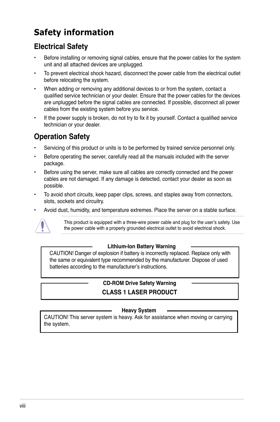 Safety information, Electrical safety, Operation safety | Asus RS100-E8-PI2 User Manual | Page 8 / 158