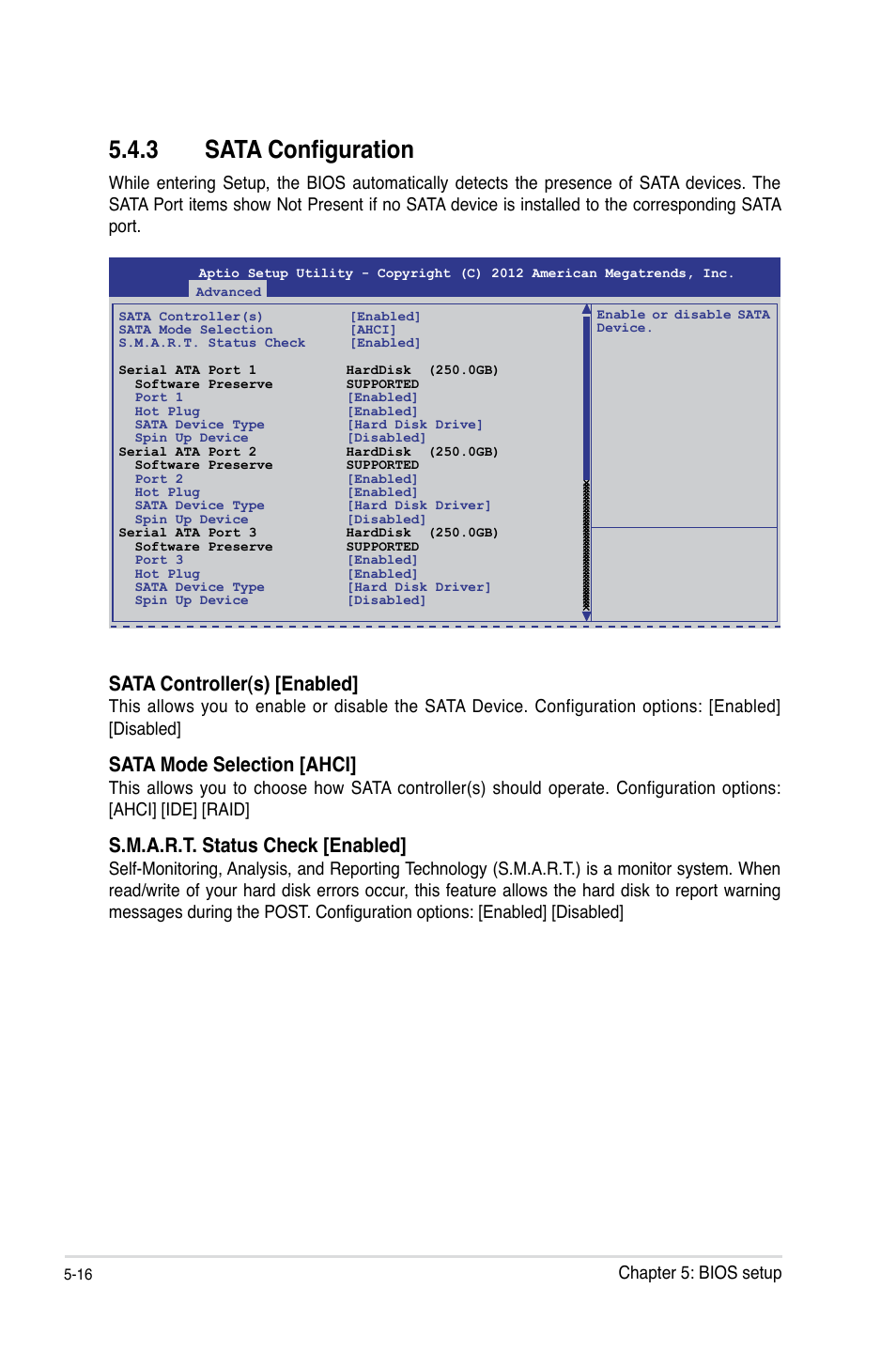 3 sata configuration, Sata configuration -16, Sata controller(s) [enabled | Sata mode selection [ahci, S.m.a.r.t. status check [enabled | Asus RS100-E8-PI2 User Manual | Page 86 / 158
