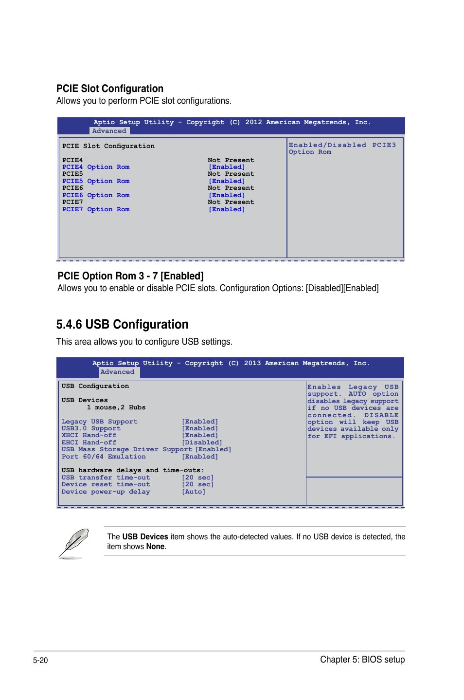 6 usb configuration, Usb configuration -20, Pcie slot configuration | Pcie option rom 3 - 7 [enabled, Chapter 5: bios setup, Allows you to perform pcie slot configurations, This area allows you to configure usb settings | Asus RS100-E8-PI2 User Manual | Page 90 / 158