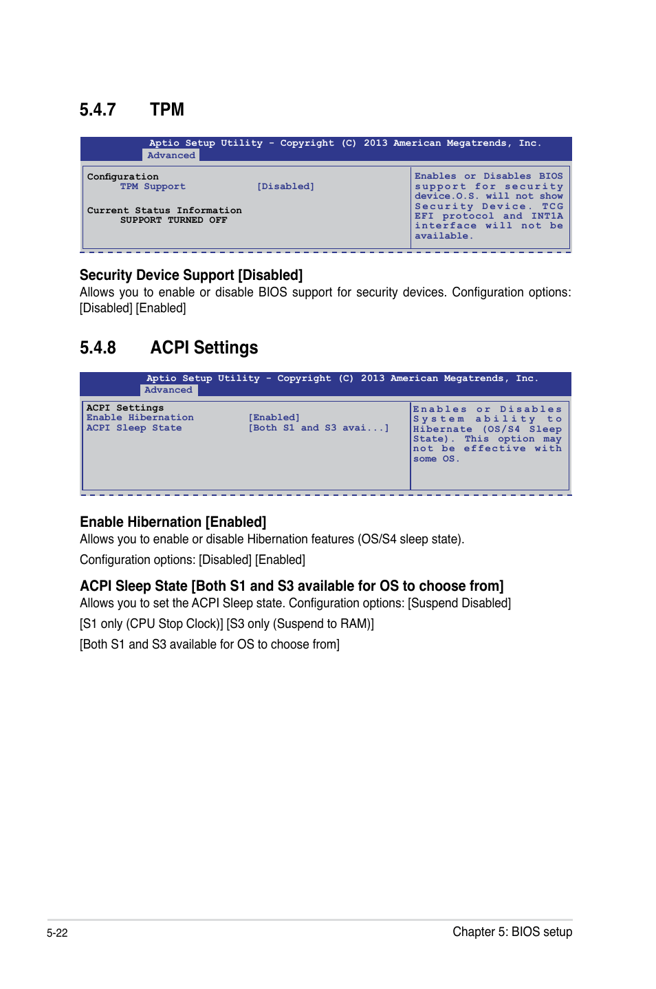 7 tpm, 8 acpi settings, Tpm -22 | Acpi settings -22, Security device support [disabled, Enable hibernation [enabled | Asus RS100-E8-PI2 User Manual | Page 92 / 158