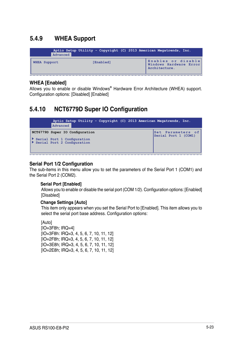 9 whea support, 10 nct6779d super io configuration, Whea support -23 | Nct6779d super io configuration -23, Serial port 1/2 configuration, Whea [enabled | Asus RS100-E8-PI2 User Manual | Page 93 / 158
