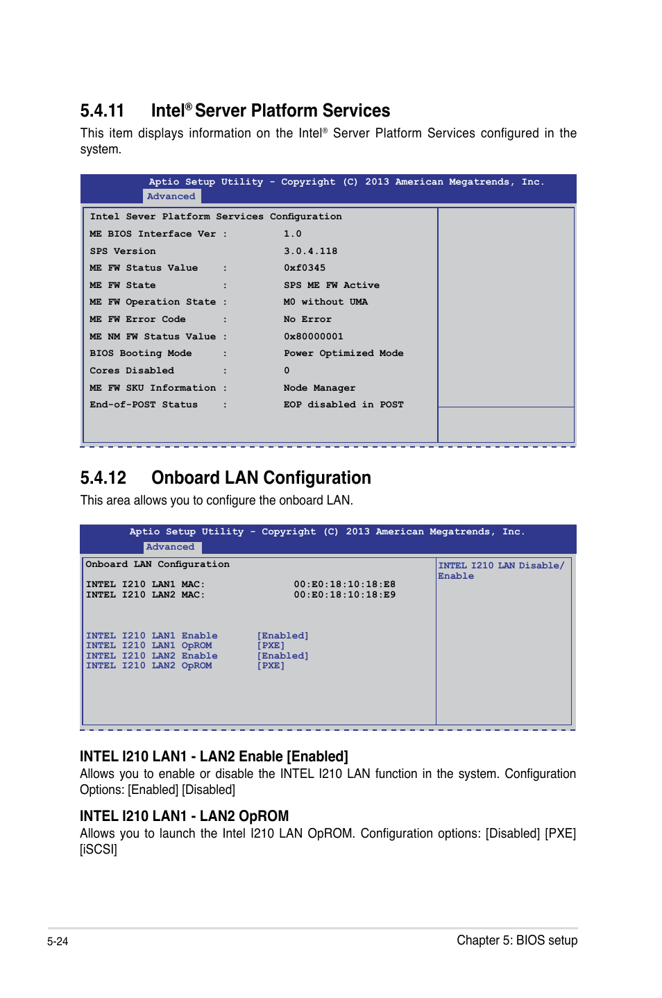 11 intel® server platform services, 12 onboard lan configuration, Intel | Server platform services -24, Onboard lan configuration -24, 11 intel, Server platform services | Asus RS100-E8-PI2 User Manual | Page 94 / 158