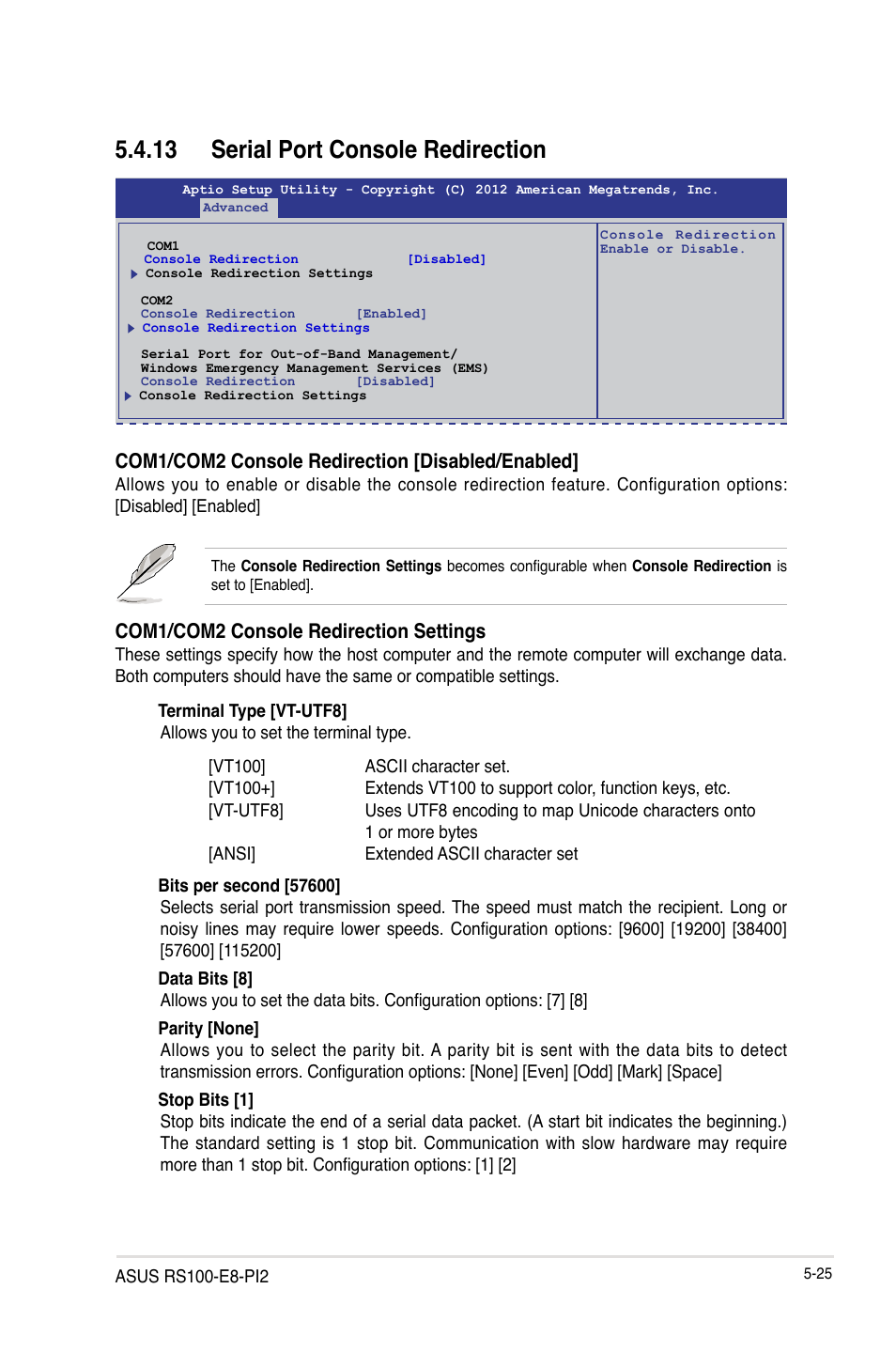 13 serial port console redirection, Serial port console redirection -25, Com1/com2 console redirection [disabled/enabled | Com1/com2 console redirection settings | Asus RS100-E8-PI2 User Manual | Page 95 / 158