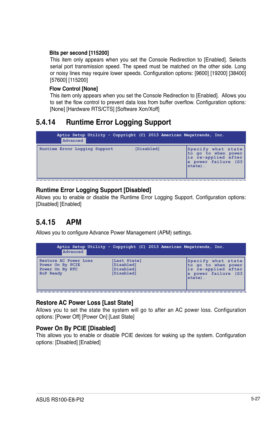 14 runtime error logging support, 15 apm, Runtime error logging support -27 | Apm -27, Restore ac power loss [last state, Power on by pcie [disabled, Runtime error logging support [disabled | Asus RS100-E8-PI2 User Manual | Page 97 / 158