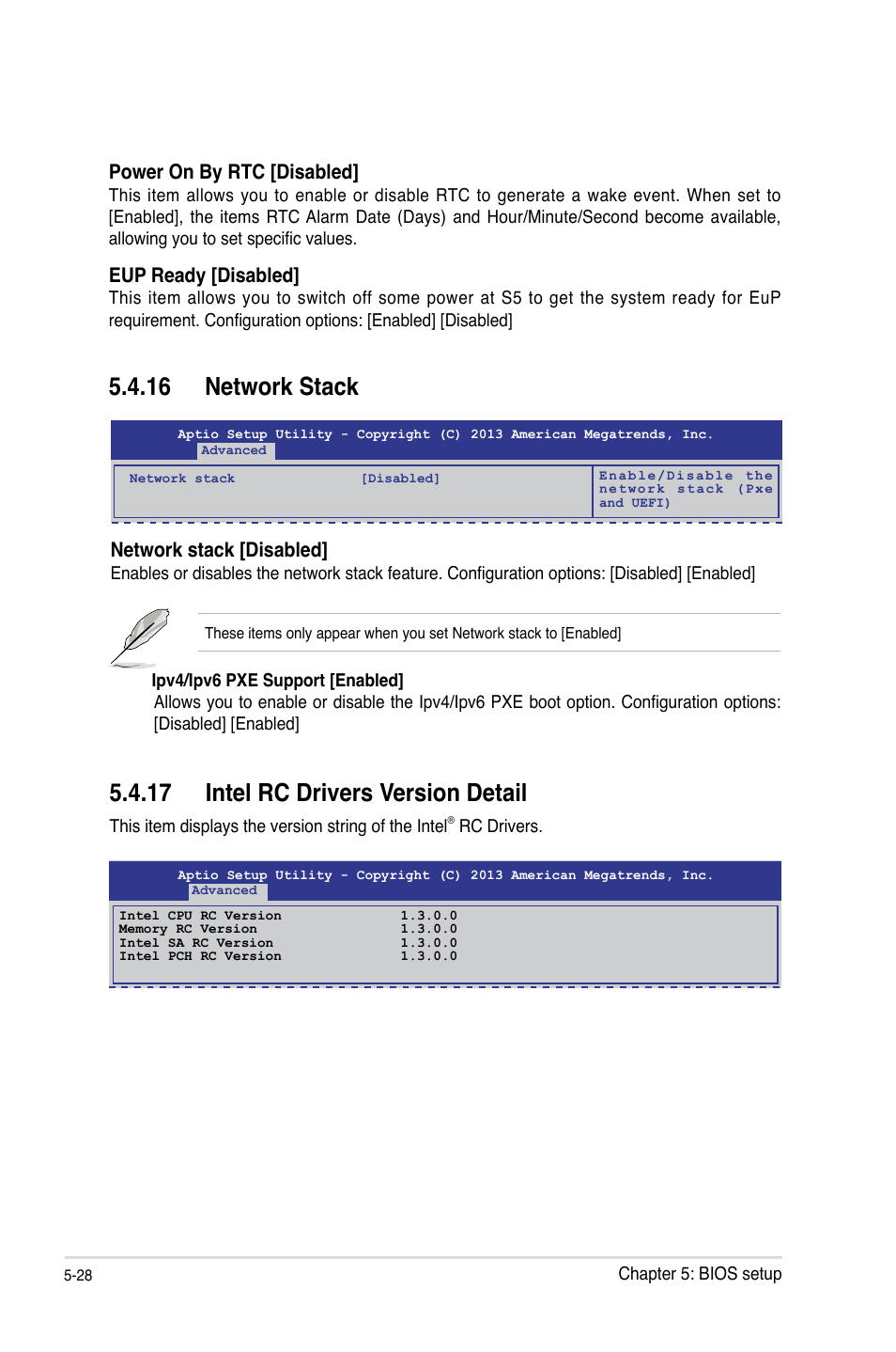 16 network stack, 17 intel rc drivers version detail, Network stack -28 | Intel rc drivers version detail -28, Power on by rtc [disabled, Eup ready [disabled, Network stack [disabled | Asus RS100-E8-PI2 User Manual | Page 98 / 158