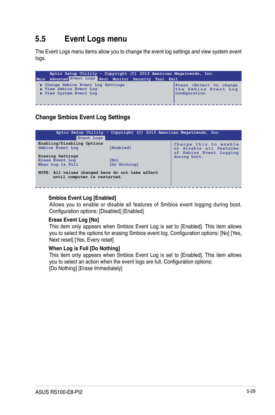 5 event logs menu, Event logs menu -29, Change smbios event log settings | Asus RS100-E8-PI2 User Manual | Page 99 / 158