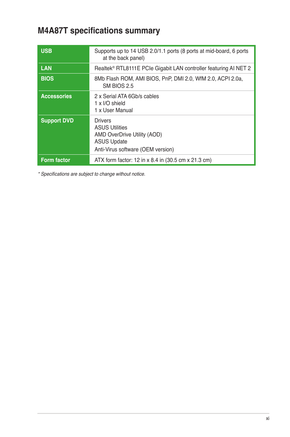 M4a87t specifications summary | Asus M4A87T User Manual | Page 11 / 72