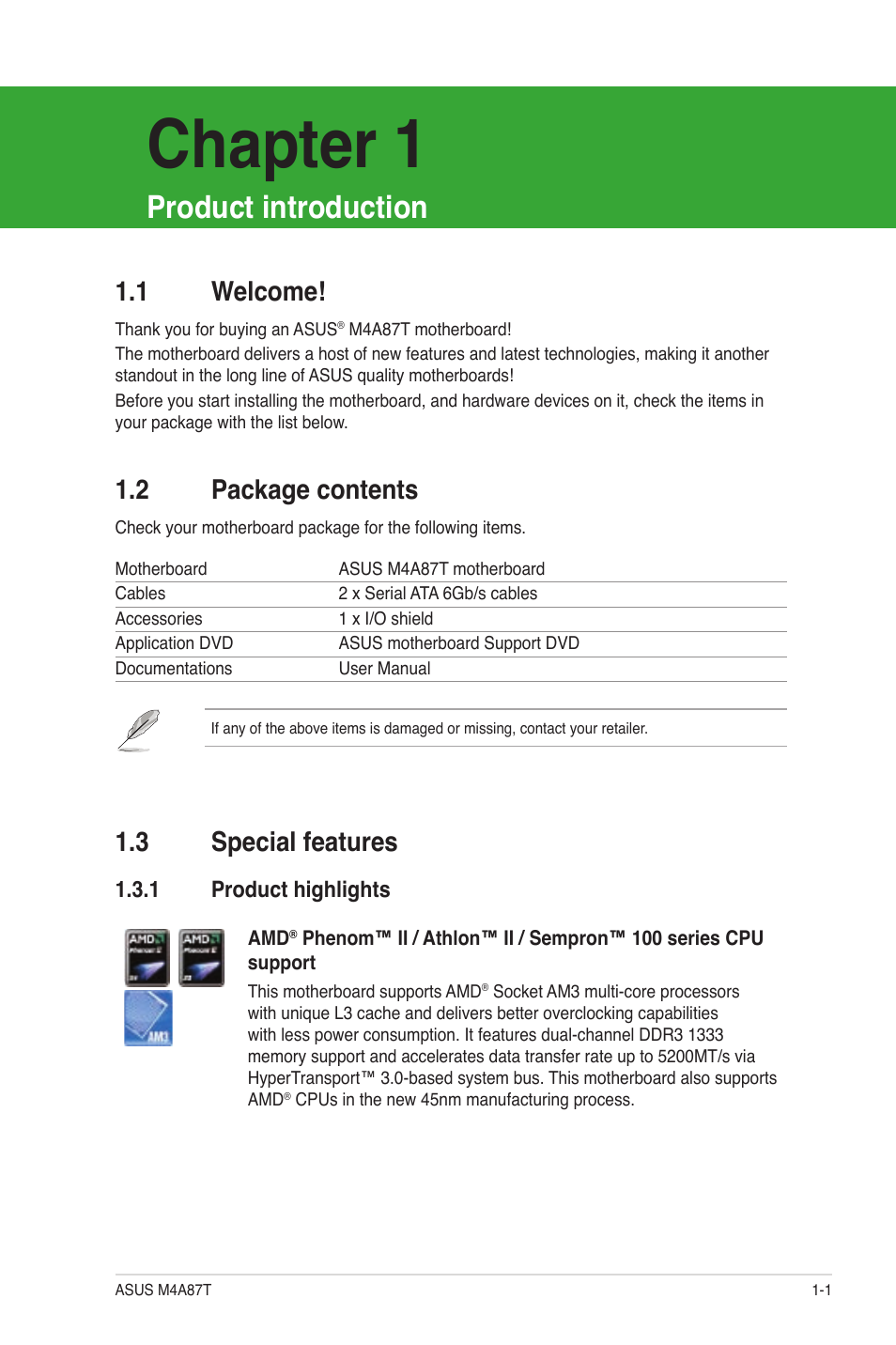 Chapter 1, Product introduction, 1 welcome | 2 package contents, 3 special features, 1 product highlights, Welcome! -1, Package contents -1, Special features -1 1.3.1, Product highlights -1 | Asus M4A87T User Manual | Page 13 / 72