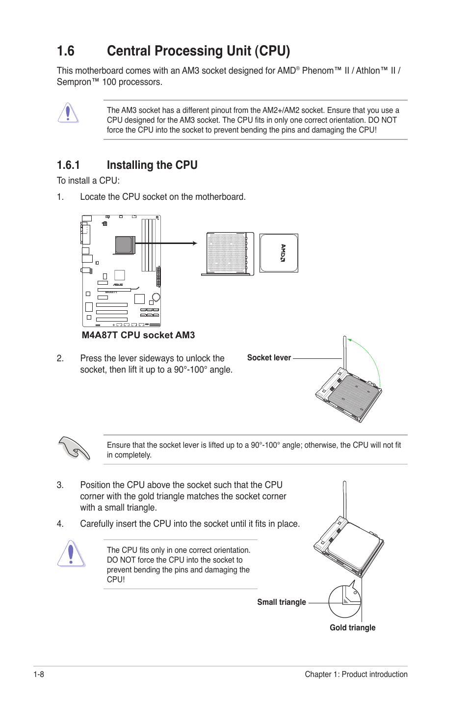 6 central processing unit (cpu), 1 installing the cpu, Central processing unit (cpu) -8 1.6.1 | Installing the cpu -8 | Asus M4A87T User Manual | Page 20 / 72