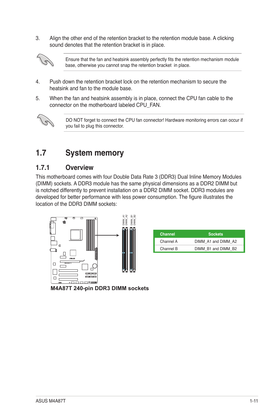 7 system memory, 1 overview, System memory -11 1.7.1 | Overview -11 | Asus M4A87T User Manual | Page 23 / 72