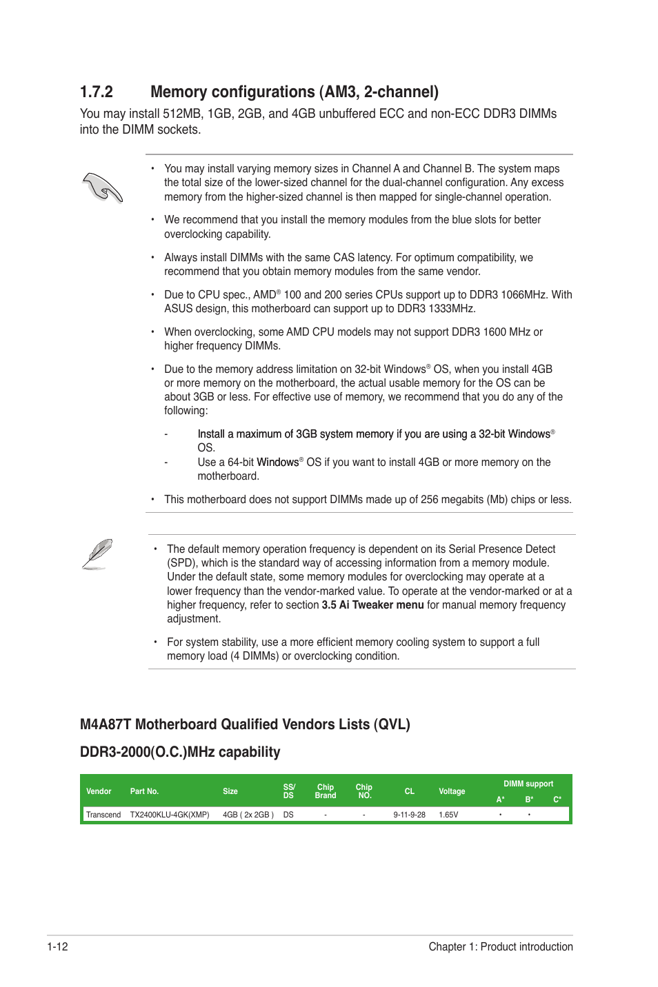 2 memory configurations (am3, 2-channel), Memory configurations (am3, 2-channel) -12 | Asus M4A87T User Manual | Page 24 / 72