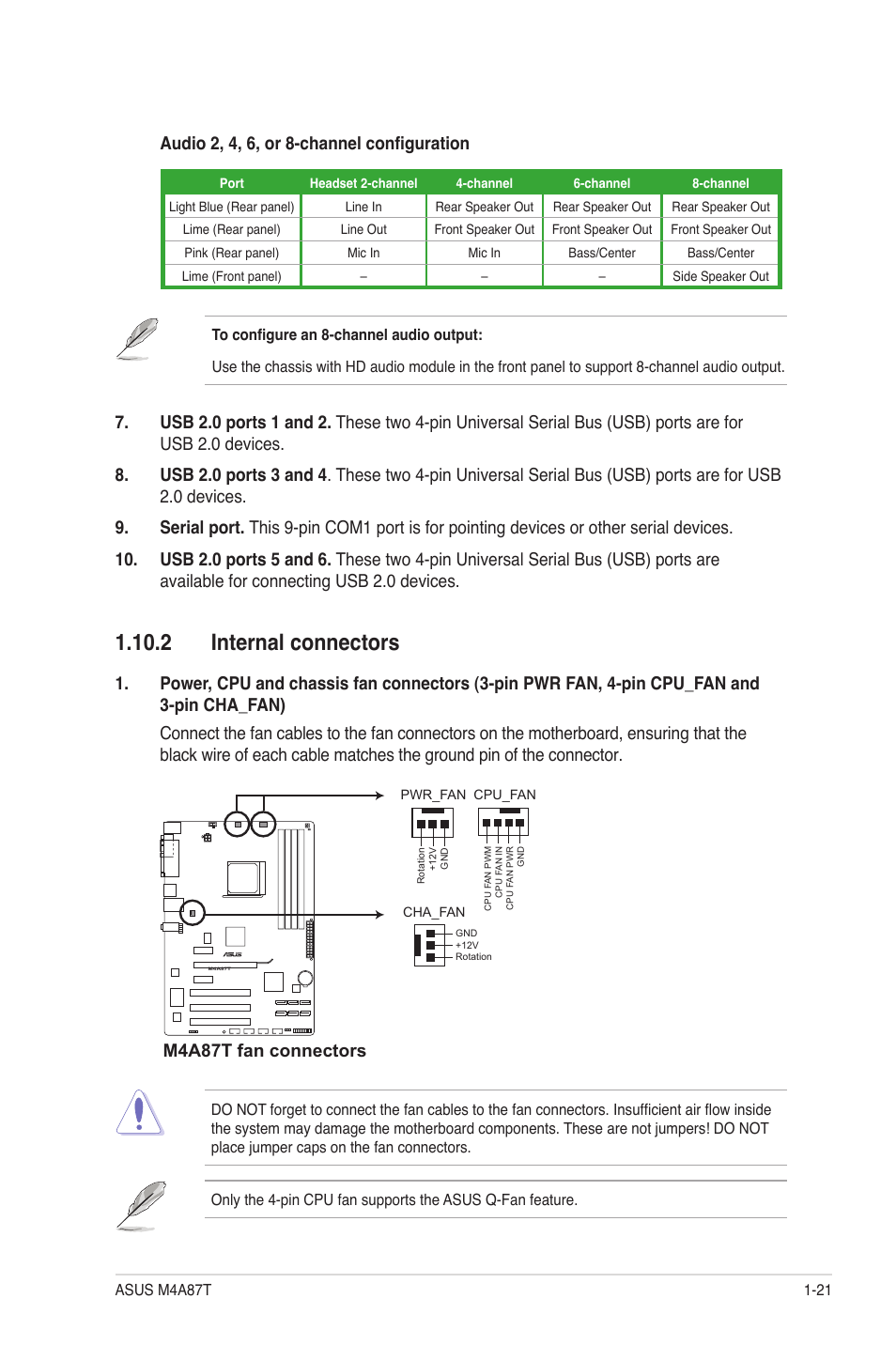 2 internal connectors, 2 internal connectors -21, M4a87t fan connectors | Asus M4A87T User Manual | Page 33 / 72