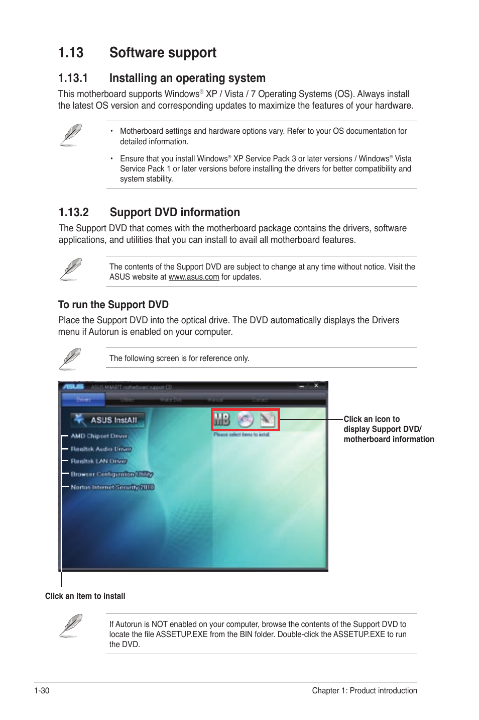 13 software support, 1 installing an operating system, 2 support dvd information | 13 software support -30 | Asus M4A87T User Manual | Page 42 / 72