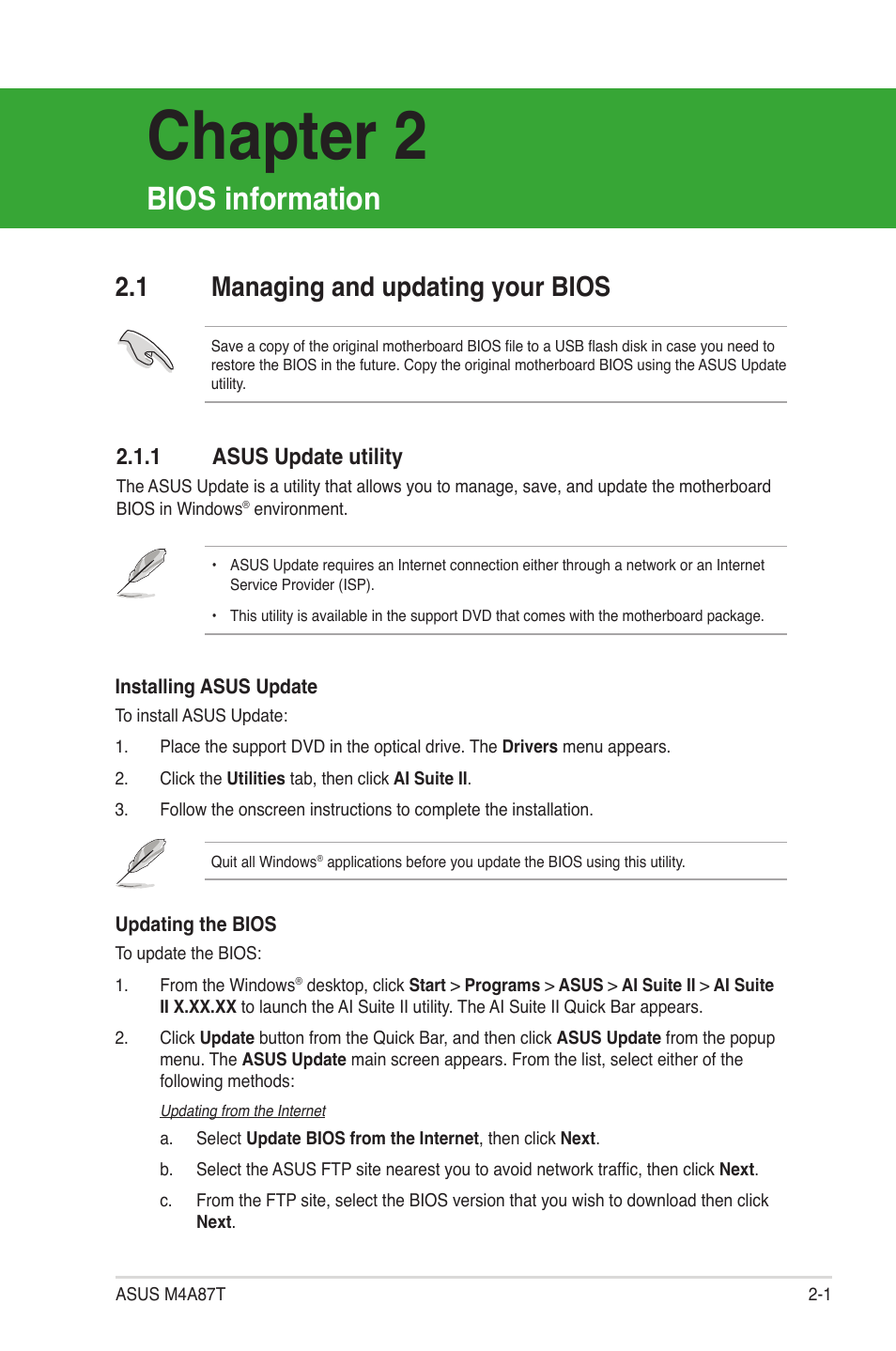 Chapter 2, Bios information, 1 managing and updating your bios | 1 asus update utility, Managing and updating your bios -1 2.1.1, Asus update utility -1 | Asus M4A87T User Manual | Page 43 / 72