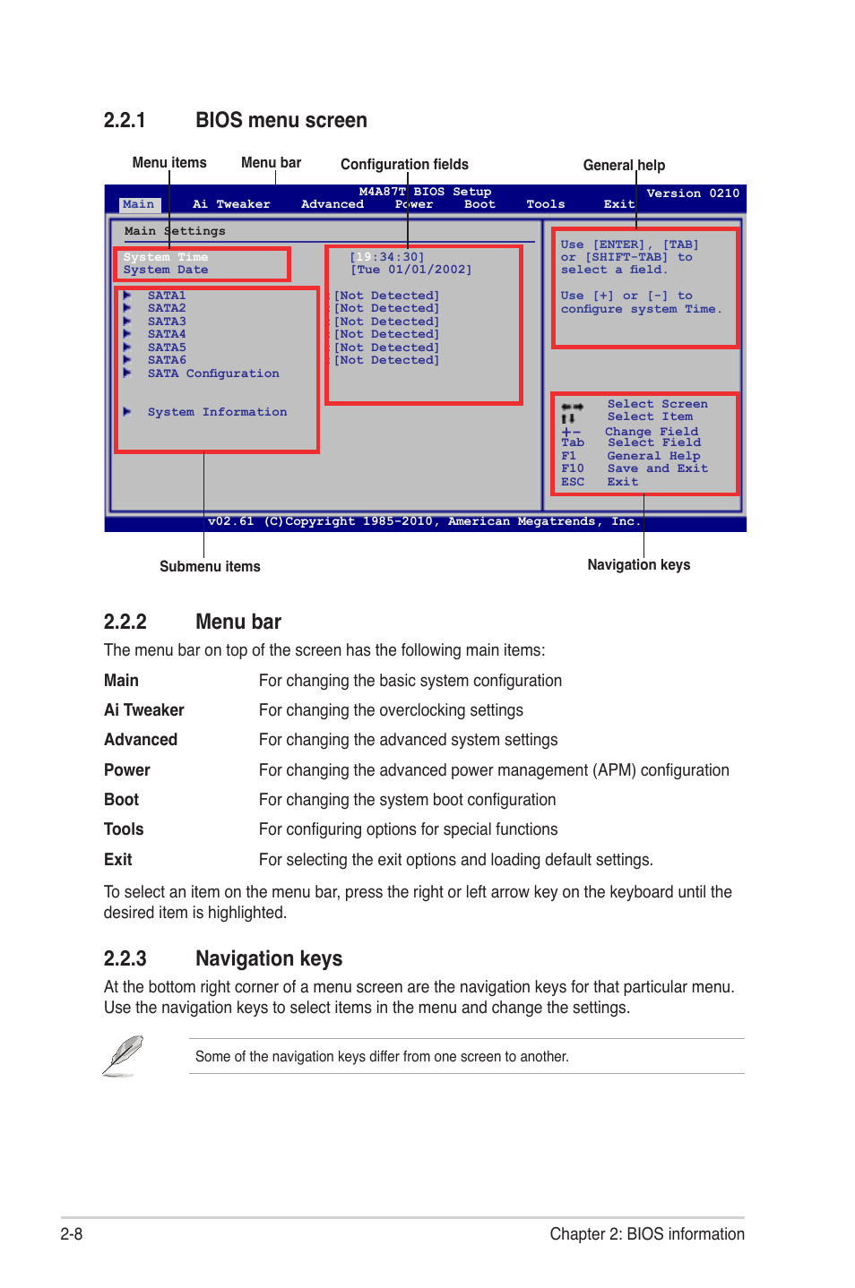 1 bios menu screen, 2 menu bar, 3 navigation keys | Bios menu screen -8, Menu bar -8, Navigation keys -8, 1 bios menu screen 2.2.2 menu bar | Asus M4A87T User Manual | Page 50 / 72