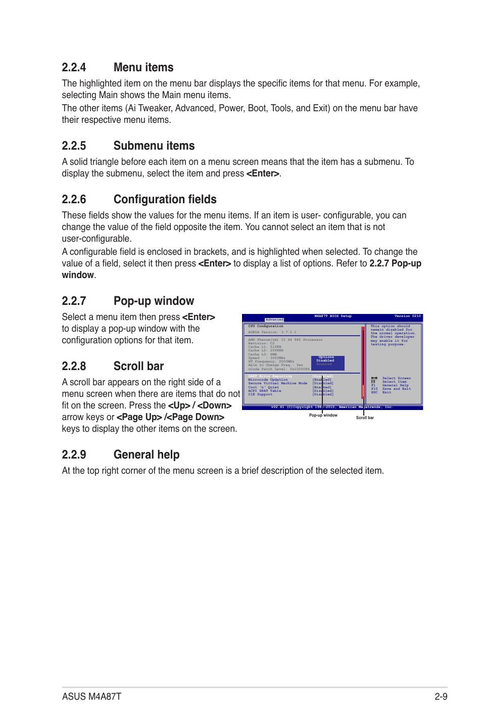 4 menu items, 5 submenu items, 6 configuration fields | 7 pop-up window, 8 scroll bar, 9 general help, Menu items -9, Submenu items -9, Configuration fields -9, Pop-up window -9 | Asus M4A87T User Manual | Page 51 / 72