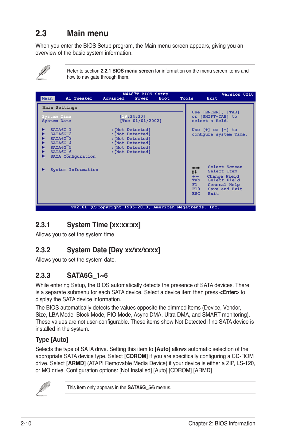 3 main menu, 1 system time [xx:xx:xx, 2 system date [day xx/xx/xxxx | 3 sata6g_1~6, Main menu -10 2.3.1, System time -10, System date -10, Sata6g_1~6 -10, Type [auto | Asus M4A87T User Manual | Page 52 / 72