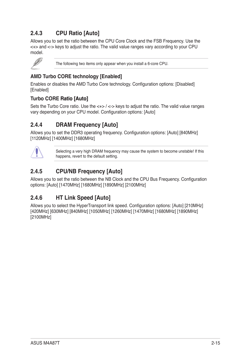 3 cpu ratio [auto, 4 dram frequency [auto, 5 cpu/nb frequency [auto | 6 ht link speed [auto, Cpu ratio [auto] -15, Dram frequency [auto] -15, Cpu/nb frequency [auto] -15, Ht link speed [auto] -15 | Asus M4A87T User Manual | Page 57 / 72