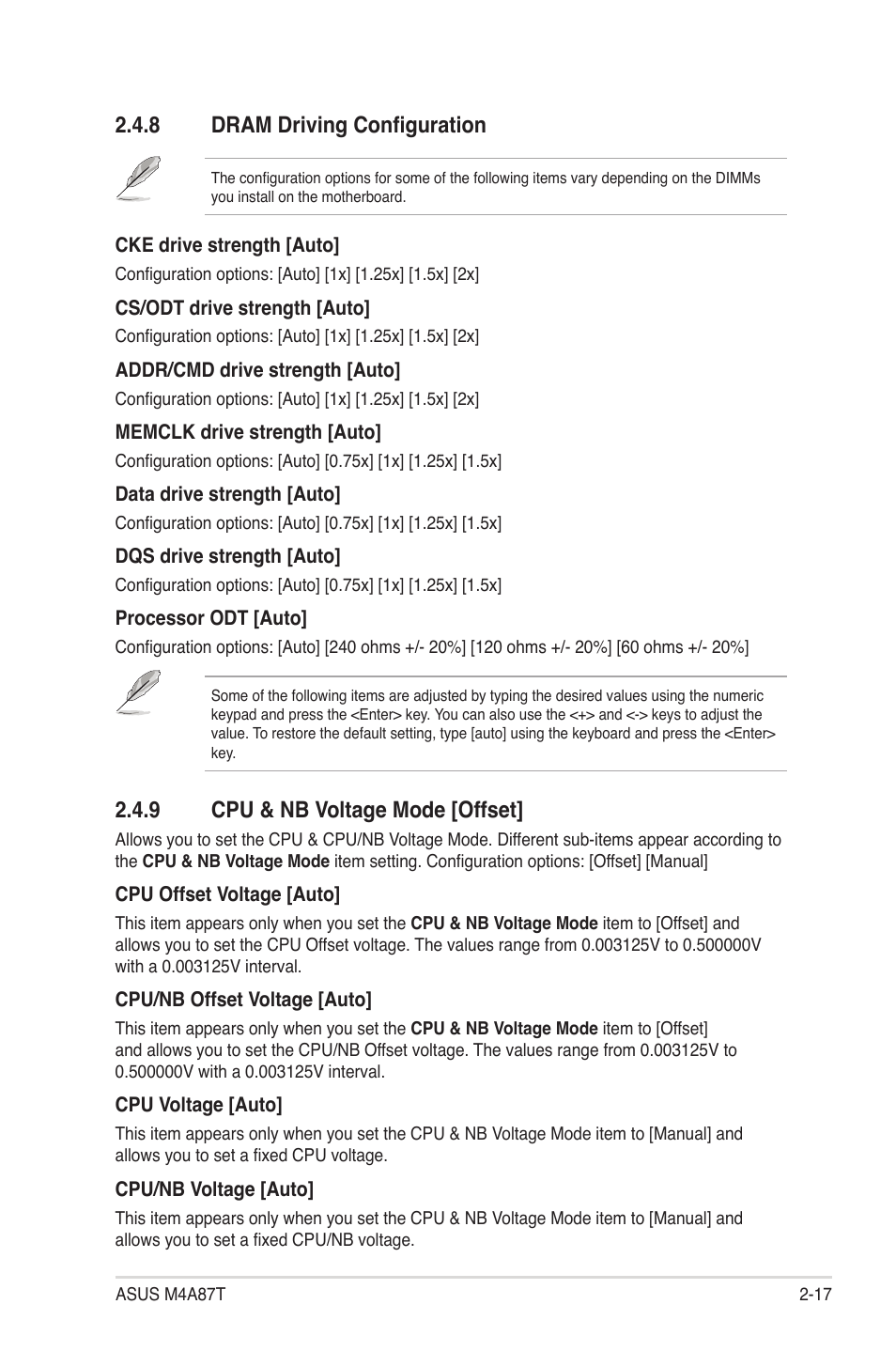 8 dram driving configuration, 9 cpu & nb voltage mode [offset, Dram driving configuration -17 | Cpu & nb voltage mode [offset] -17 | Asus M4A87T User Manual | Page 59 / 72