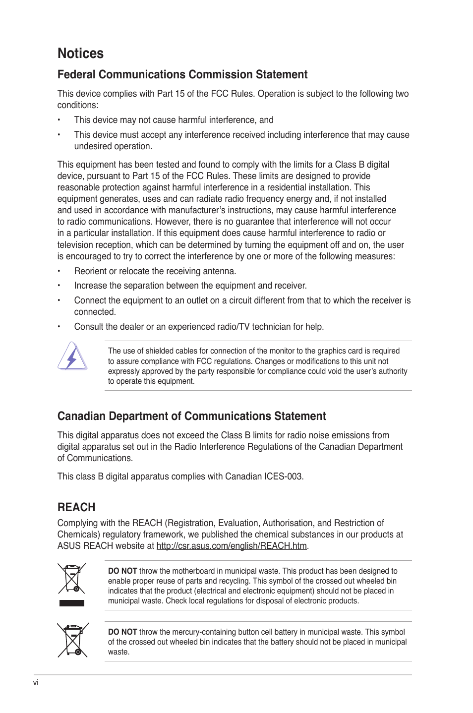 Notices, Federal communications commission statement, Canadian department of communications statement | Reach | Asus M4A87T User Manual | Page 6 / 72