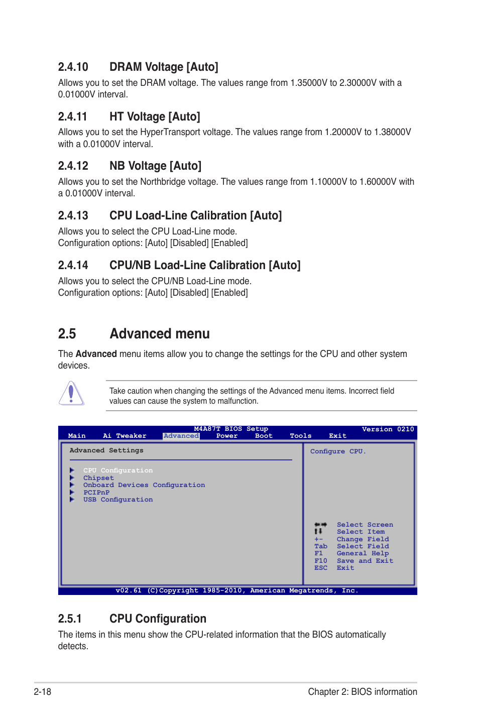 10 dram voltage [auto, 11 ht voltage [auto, 12 nb voltage [auto | 13 cpu load-line calibration [auto, 14 cpu/nb load-line calibration [auto, 5 advanced menu, 1 cpu configuration, Advanced menu -18 2.5.1, Cpu configuration -18 | Asus M4A87T User Manual | Page 60 / 72