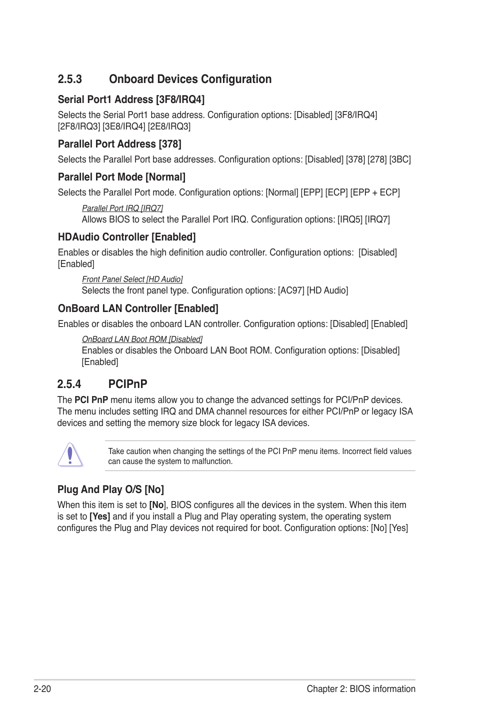 3 onboard devices configuration, 4 pcipnp, 3 onboard devices configuration -20 2.5.4 | Pcipnp -20 | Asus M4A87T User Manual | Page 62 / 72