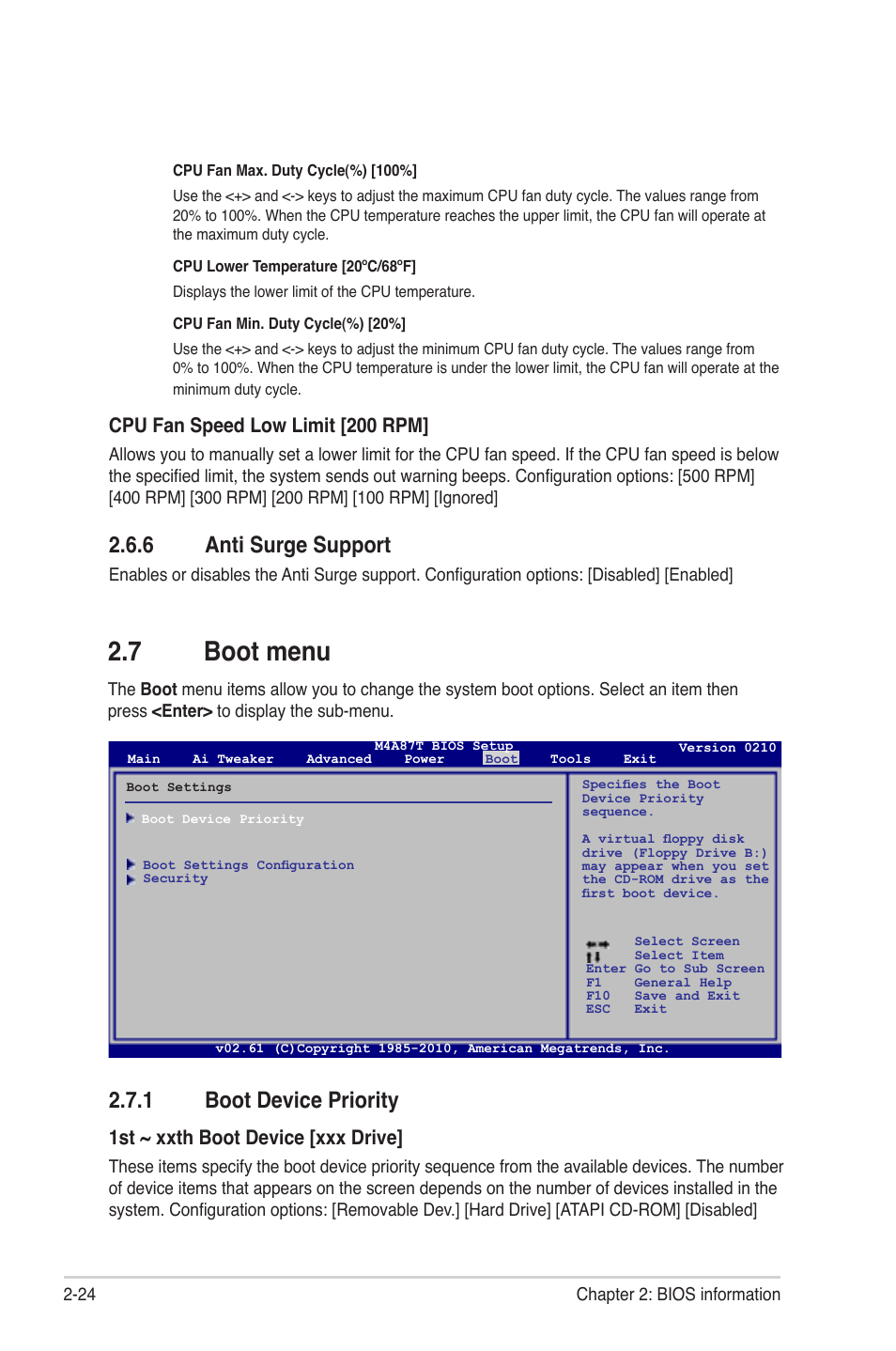 7 boot menu, 1 boot device priority, 6 anti surge support | Boot menu -24 2.7.1, Boot device priority -24, Anti surge support -24, 1st ~ xxth boot device [xxx drive, Cpu fan speed low limit [200 rpm | Asus M4A87T User Manual | Page 66 / 72