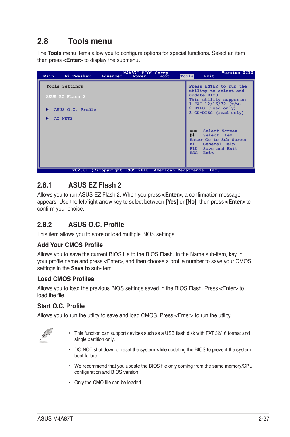 8 tools menu, 1 asus ez flash 2, 2 asus o.c. profile | Tools menu -27 2.8.1, Asus ez flash 2 -27, Asus o.c. profile -27, Add your cmos profile, Load cmos profiles, Start o.c. profile | Asus M4A87T User Manual | Page 69 / 72