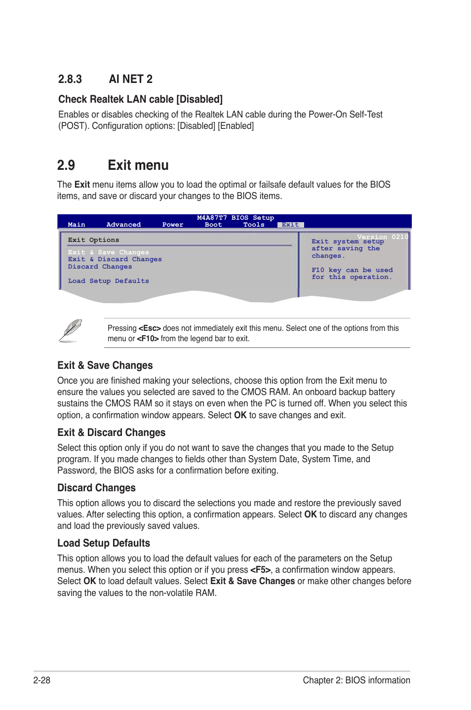 3 ai net 2, 9 exit menu, Ai net 2 -28 | Exit menu -28, Exit & save changes, Exit & discard changes, Discard changes, Load setup defaults, Check realtek lan cable [disabled | Asus M4A87T User Manual | Page 70 / 72