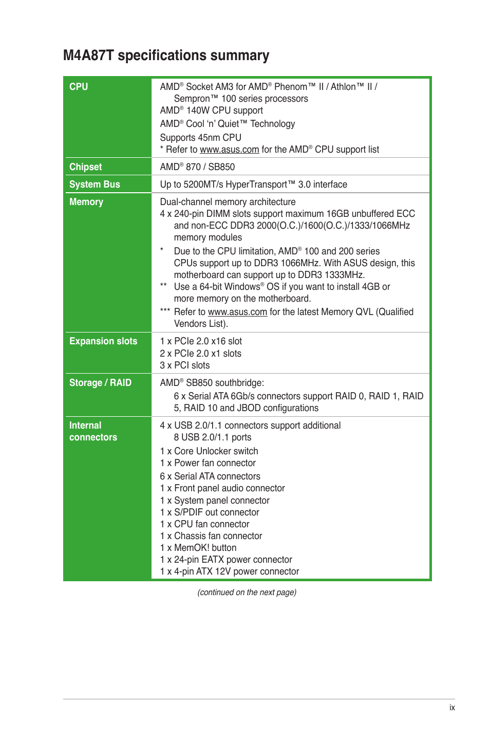 M4a87t specifications summary | Asus M4A87T User Manual | Page 9 / 72