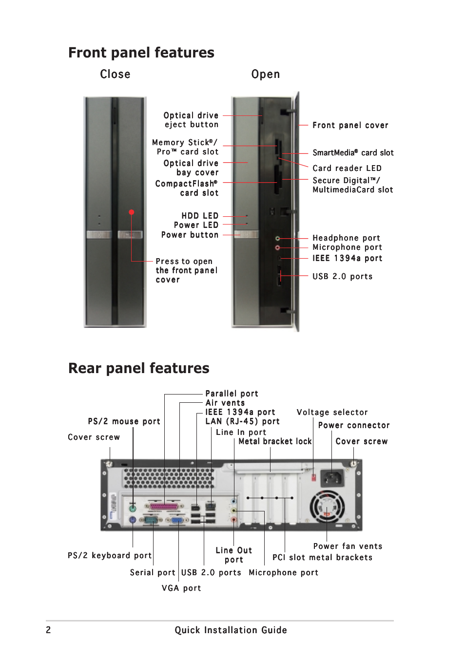 Front panel features, Rear panel features | Asus Pundit-PH3 User Manual | Page 2 / 8