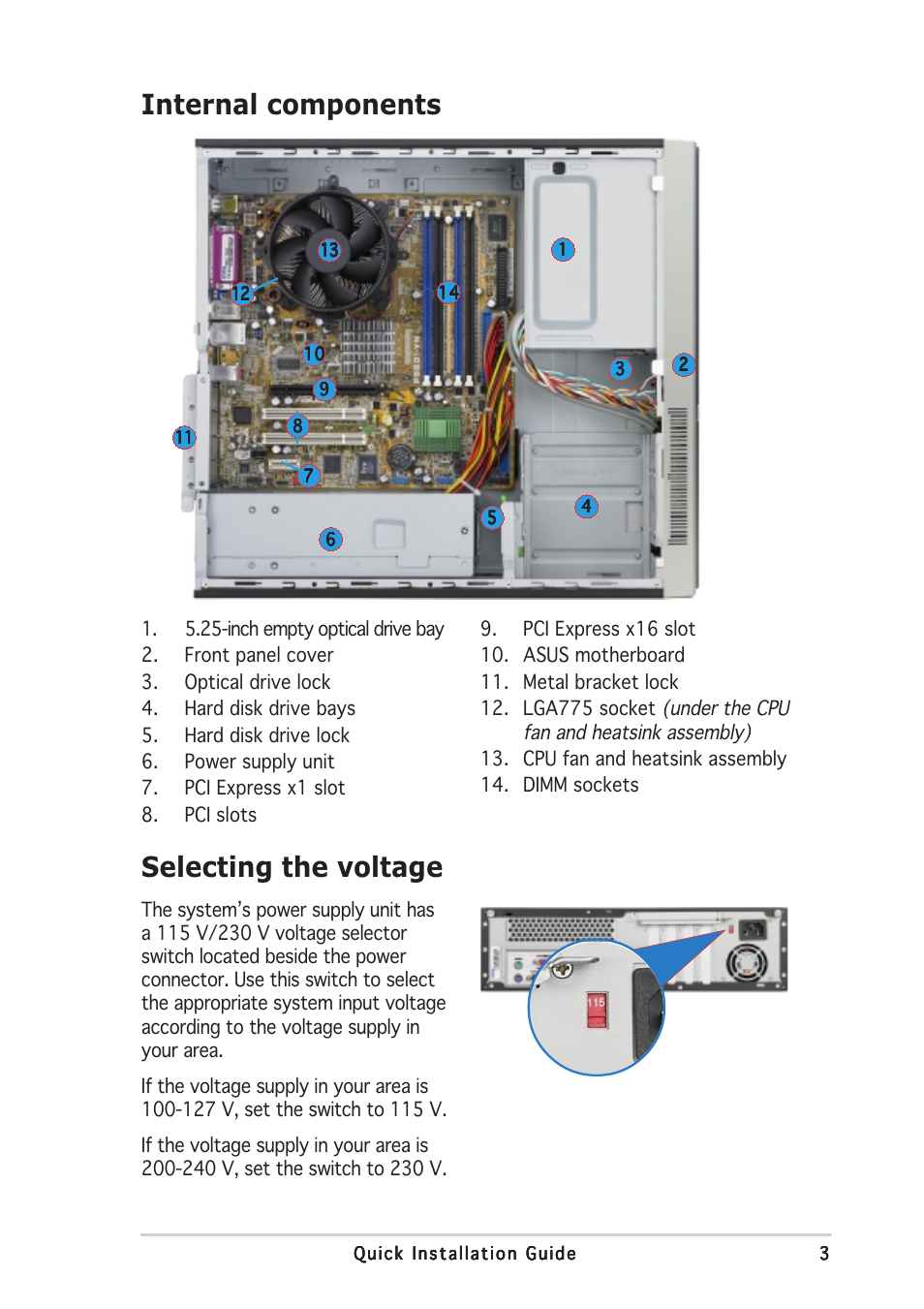 Internal components, Selecting the voltage | Asus Pundit-PH3 User Manual | Page 3 / 8