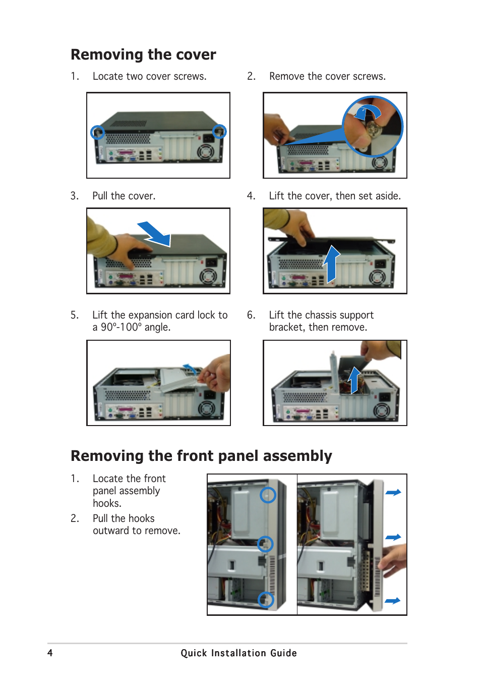 Removing the cover, Removing the front panel assembly | Asus Pundit-PH3 User Manual | Page 4 / 8