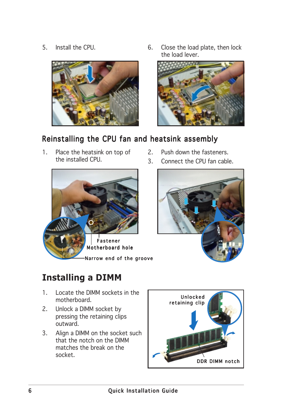 Installing a dimm, Reinstalling the cpu fan and heatsink assembly | Asus Pundit-PH3 User Manual | Page 6 / 8