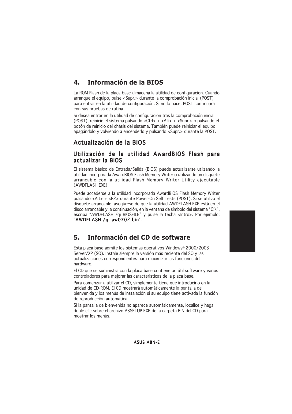 Información de la bios, Información del cd de software | Asus A8N-E User Manual | Page 13 / 20