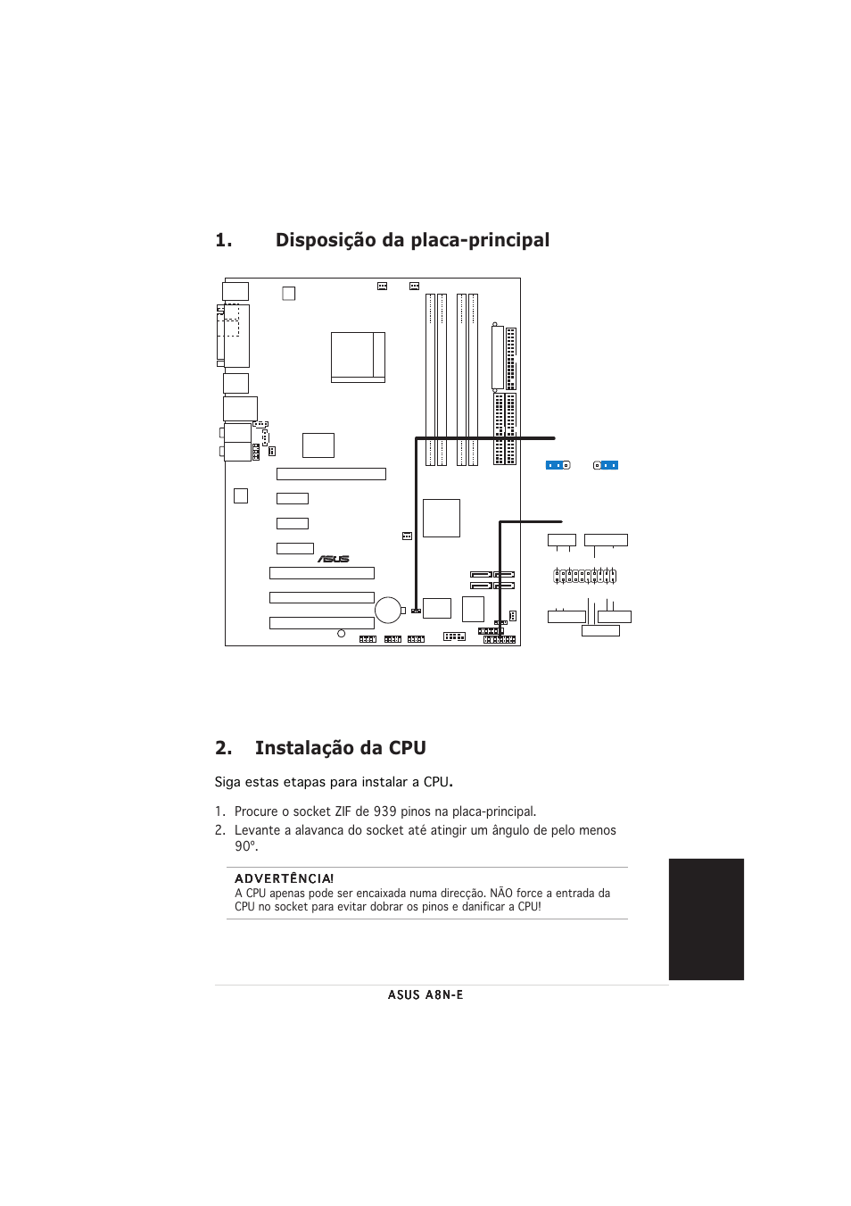 Disposição da placa-principal 2. instalação da cpu, Portugu ê s, Siga estas etapas para instalar a cpu | Asus A8N-E User Manual | Page 17 / 20