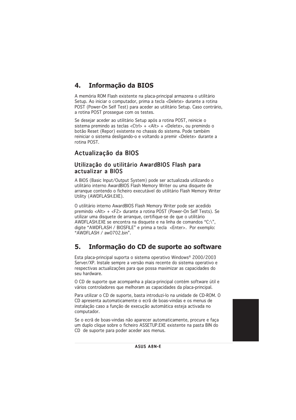 Informação da bios, Informação do cd de suporte ao software | Asus A8N-E User Manual | Page 19 / 20