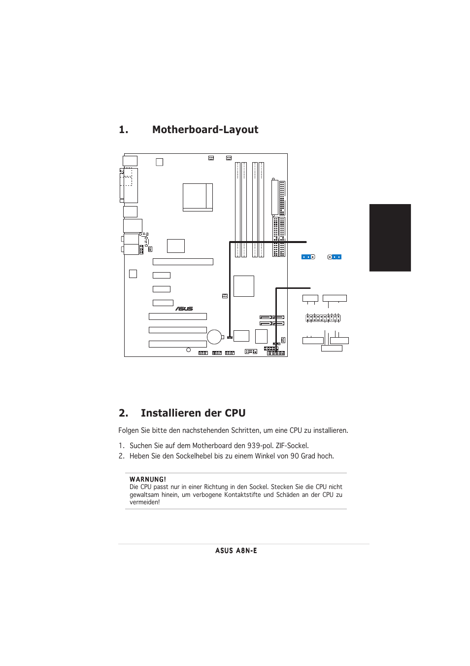 Motherboard-layout 2. installieren der cpu, Deutsch | Asus A8N-E User Manual | Page 5 / 20