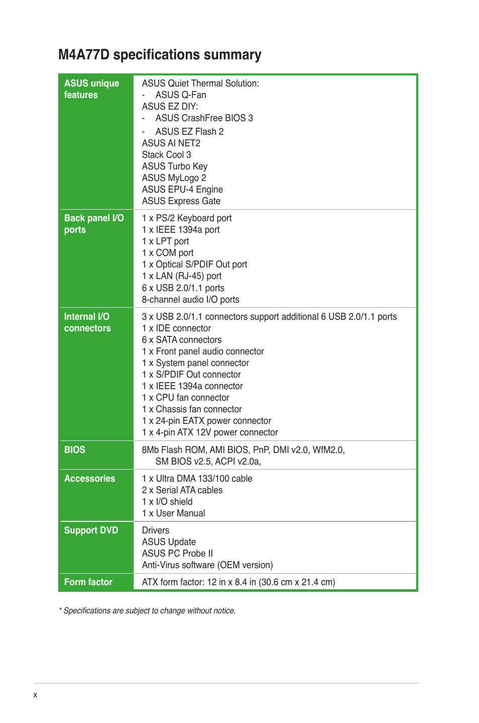 M4a77d specifications summary | Asus M4A77D User Manual | Page 10 / 62